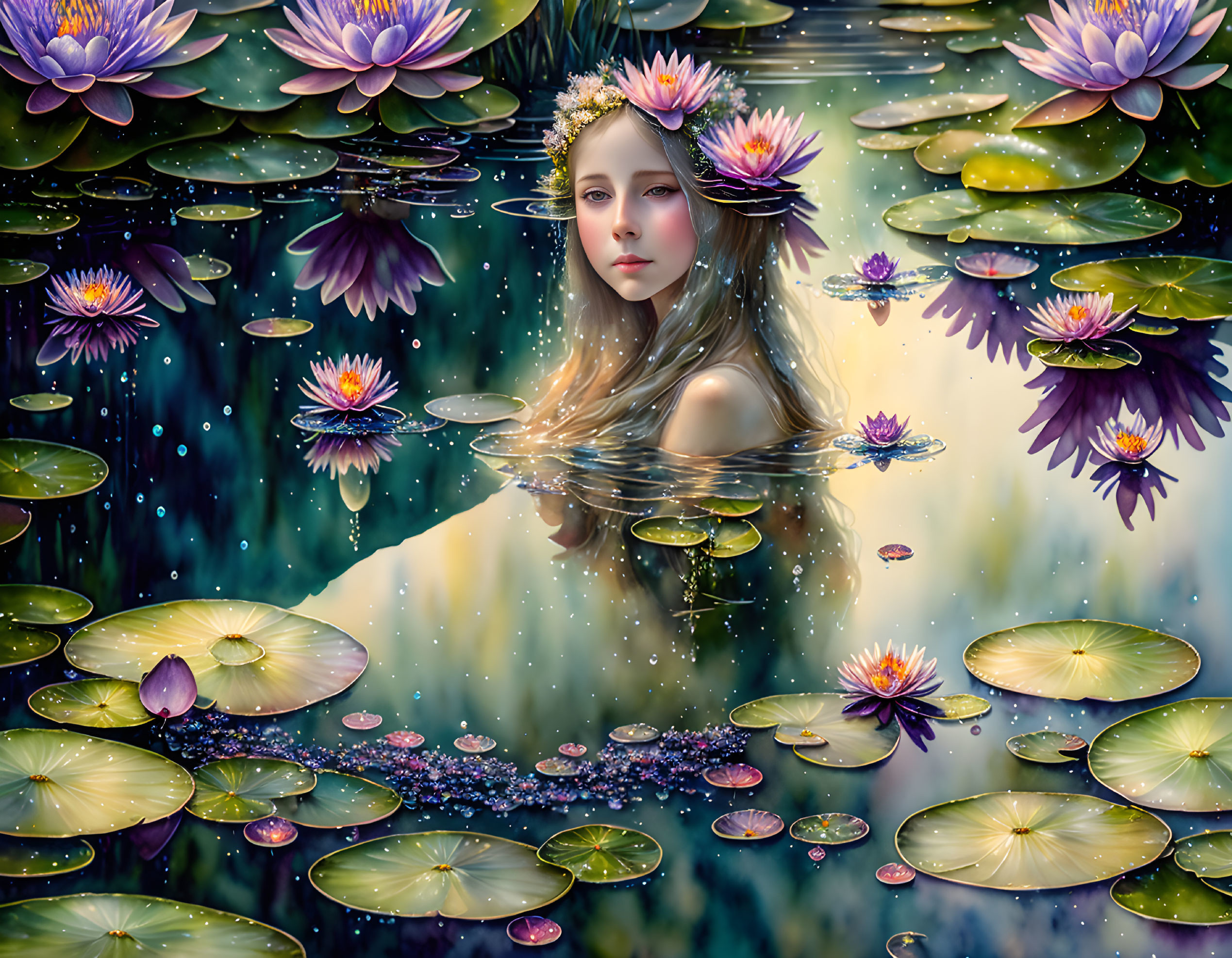 Serene woman's face in pond with vibrant water lilies and pads