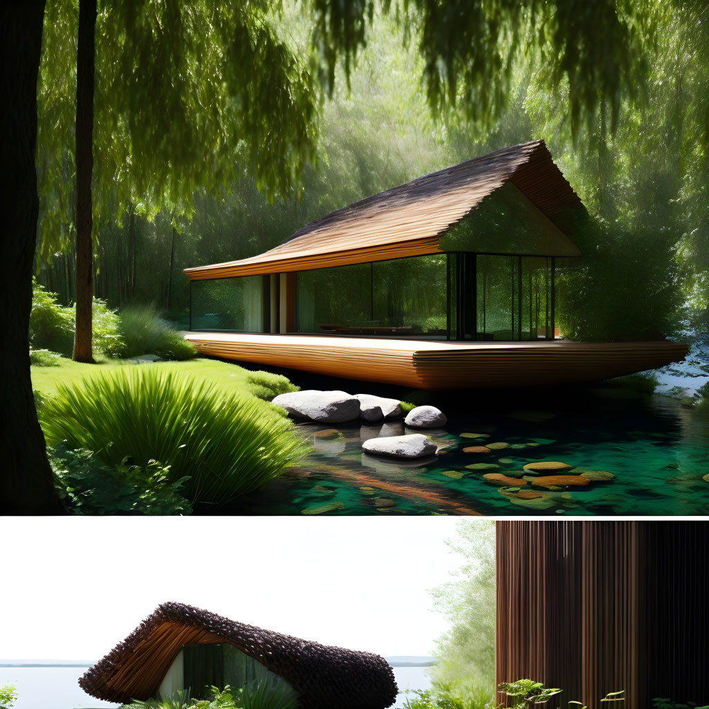 Tranquil Lakeside Wooden Cabin with Glass Windows