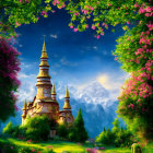 Traditional multi-tiered pagoda in serene landscape with elephant, mountains, and vibrant flora