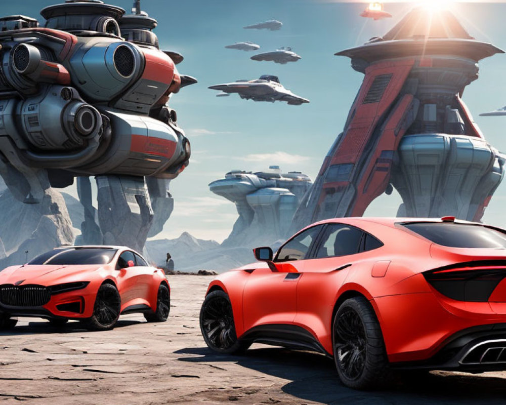Futuristic red sports cars on landing platform with sleek buildings and hovering spacecraft against blue sky and bright