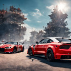 Futuristic red sports cars on landing platform with sleek buildings and hovering spacecraft against blue sky and bright