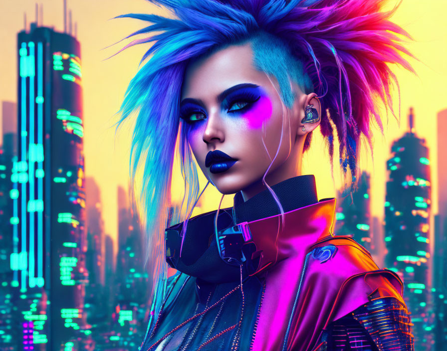 Vibrant blue and purple hair woman in holographic jacket against neon cityscape