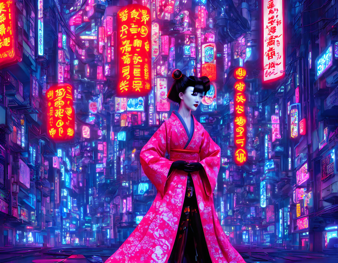 Traditional Japanese Attire Woman in Neon-Lit Futuristic Cityscape