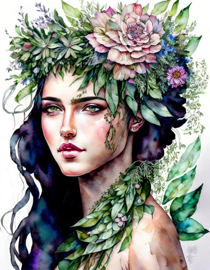Woman with Floral Wreath Illustration in Watercolor