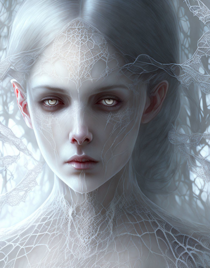 Pale-skinned figure with white hair and intricate cobweb-like patterns.