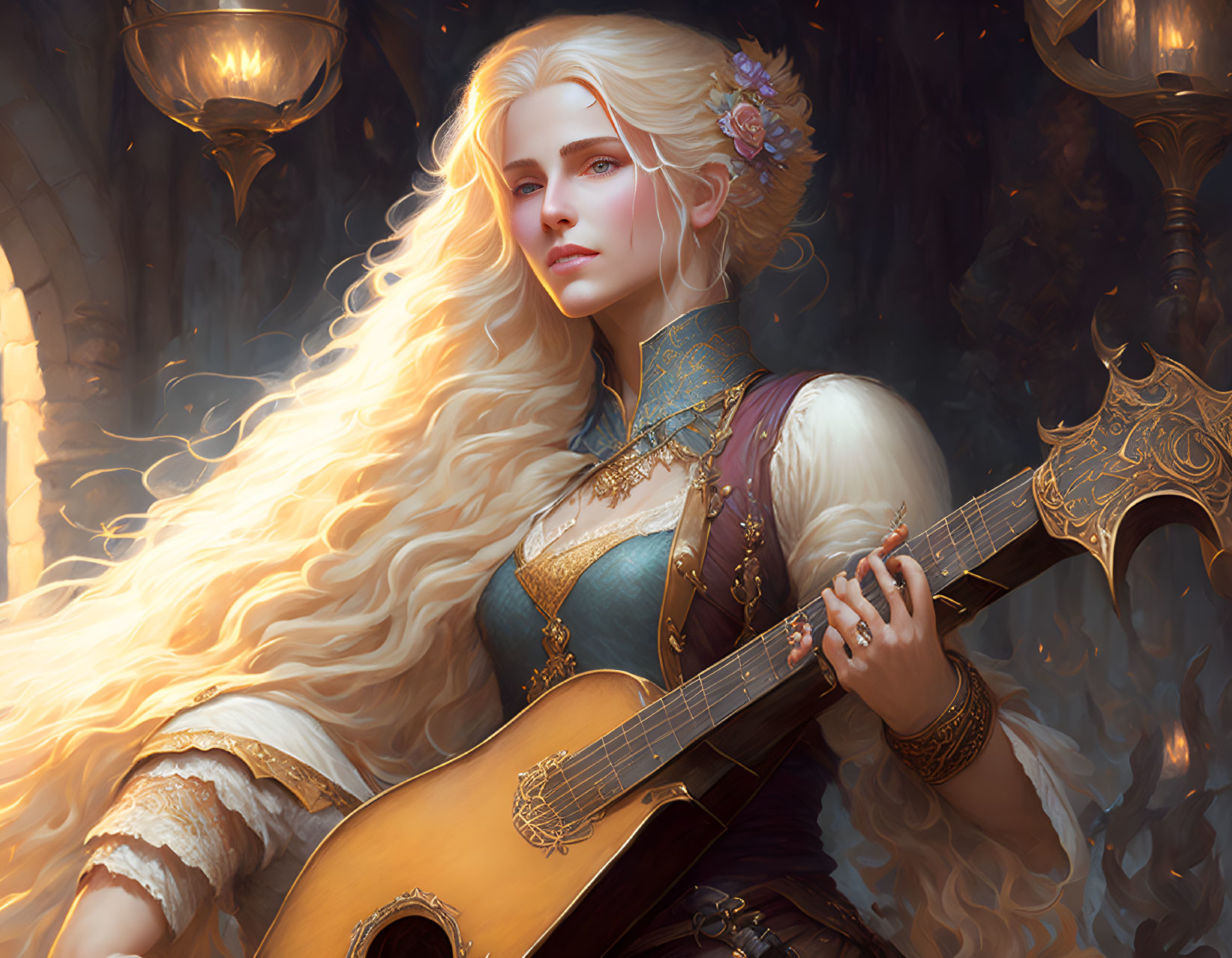 Blonde woman playing golden lute in enchanted candlelit scene