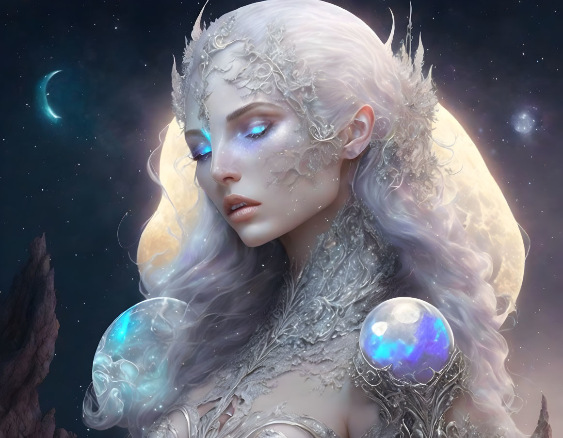 Silver-white hair woman with icy adornments under crescent moon & starry sky