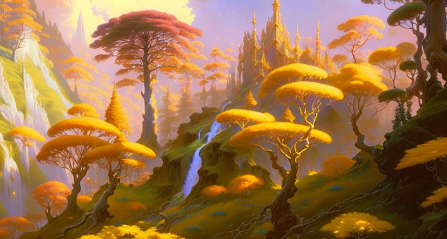 Fantastical landscape with mushroom-shaped trees, waterfall, and distant castle.