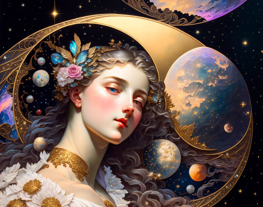 Celestial-themed woman illustration with moon and planets halo, flowers, and space elements.