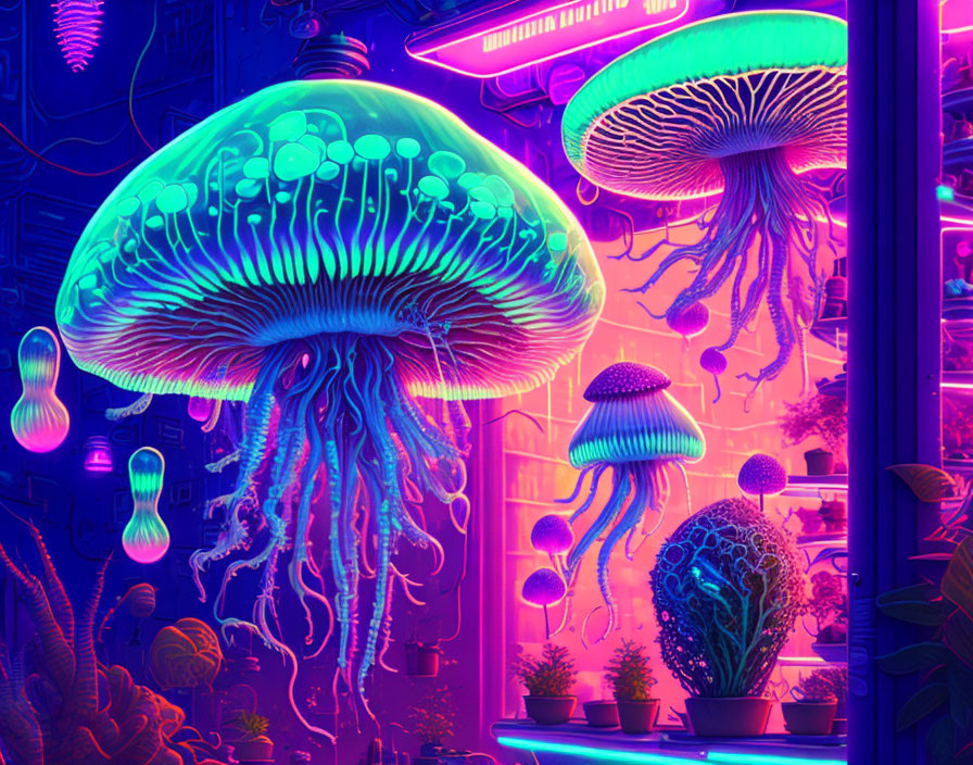 Colorful Bioluminescent Jellyfish in Neon Aquarium Environment