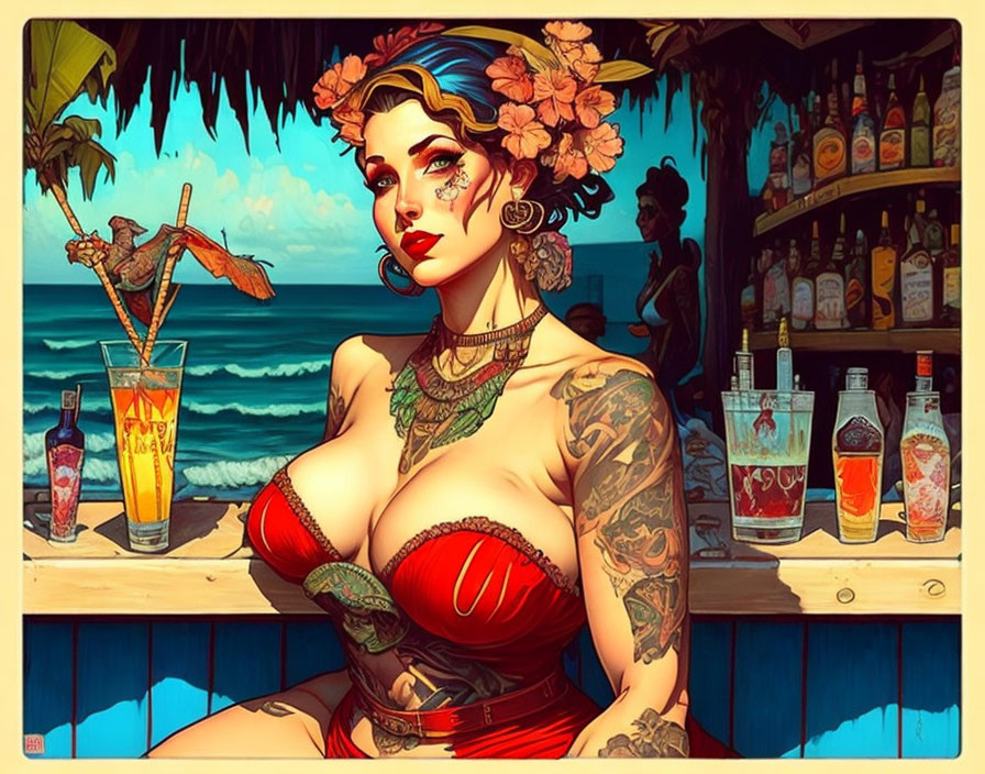 Vibrant tattooed woman at tiki bar with tropical drinks