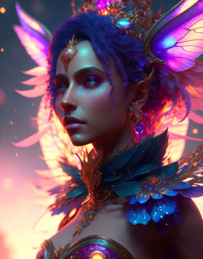 Blue-skinned fantasy figure with butterfly wings and ornate floral jewelry.