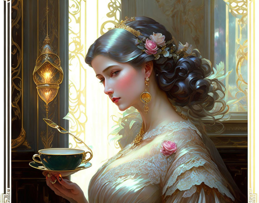 Elegant woman in lavish dress with teacup in ornate setting