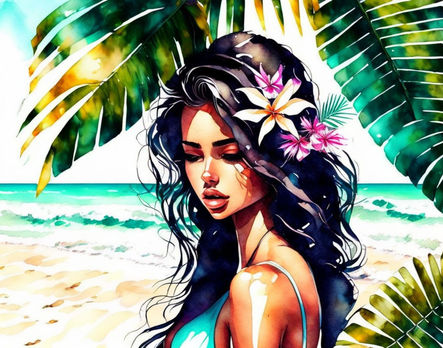 Vibrant illustration: Woman with dark hair, flowers, palm leaves, tropical beach.