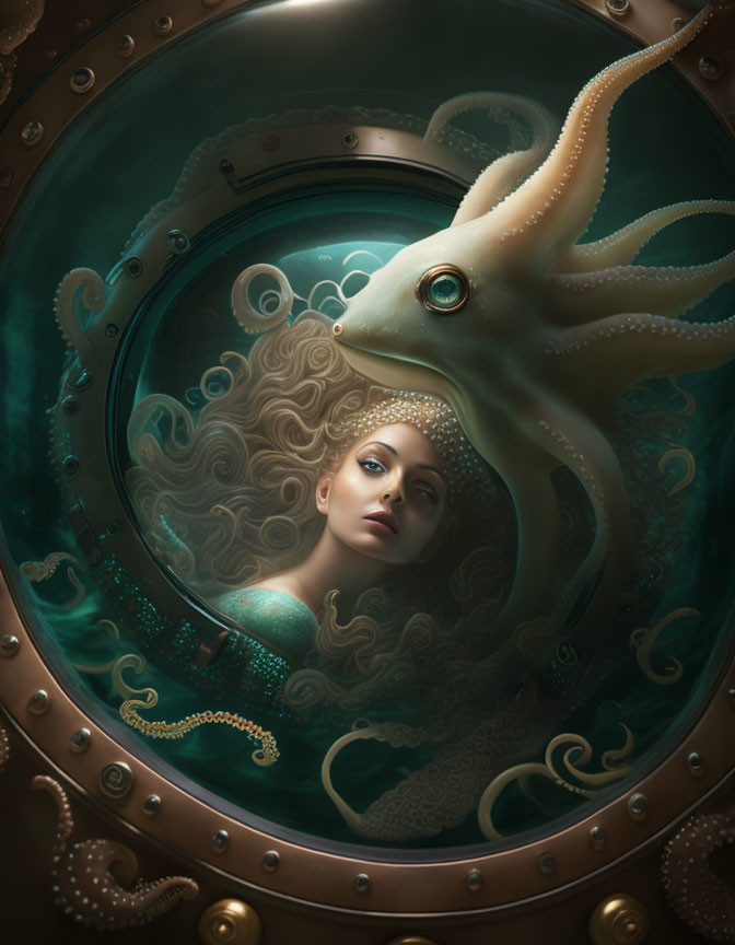 Woman with flowing locks gazes through porthole beside octopus under green aquatic light