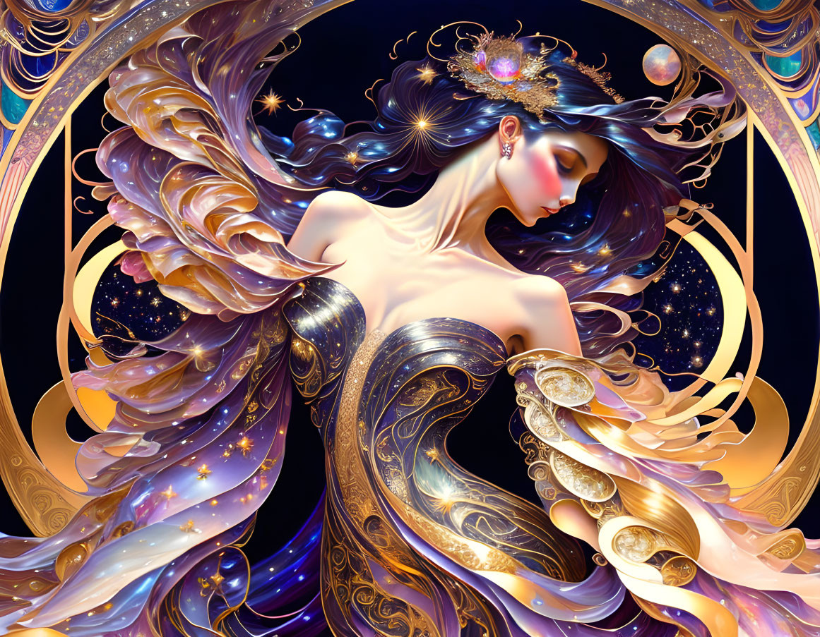 Fantasy illustration of a woman with celestial elements in gold, blue, and purple.