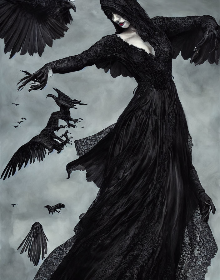 Person in Flowing Black Lace Dress Mirroring Flying Crows on Grey Background