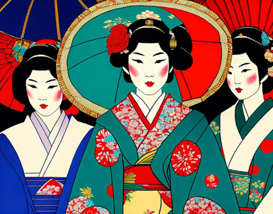 Colorful Illustration of Three Women in Traditional Japanese Kimonos