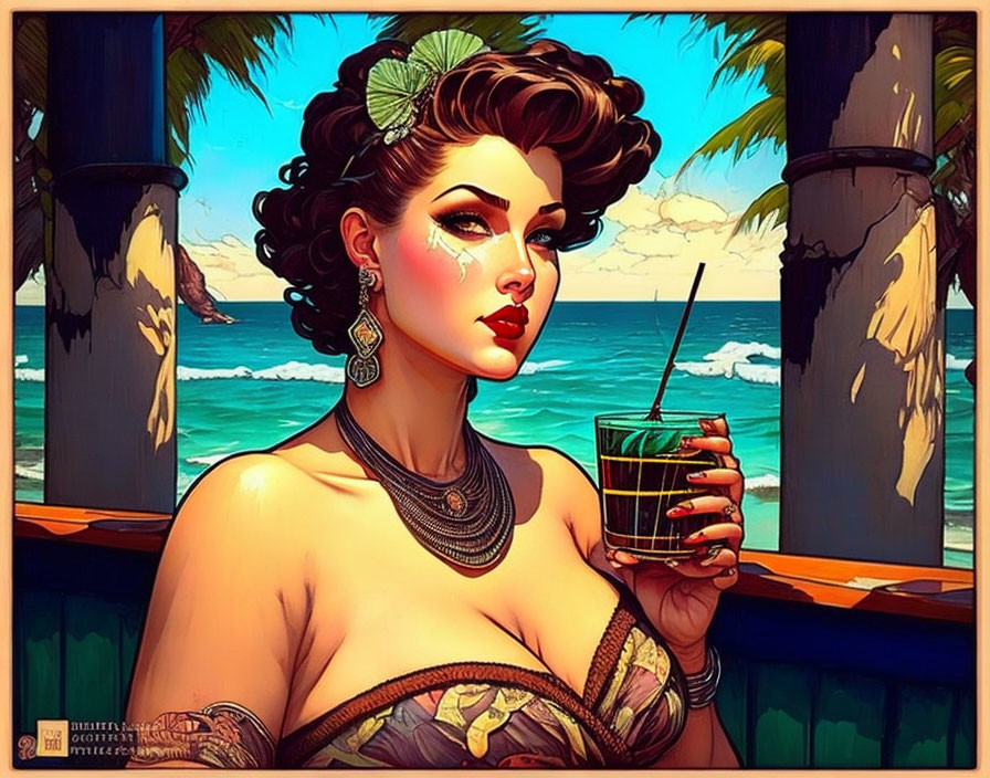 Stylized illustration of woman with retro hairstyle and drink by tropical ocean
