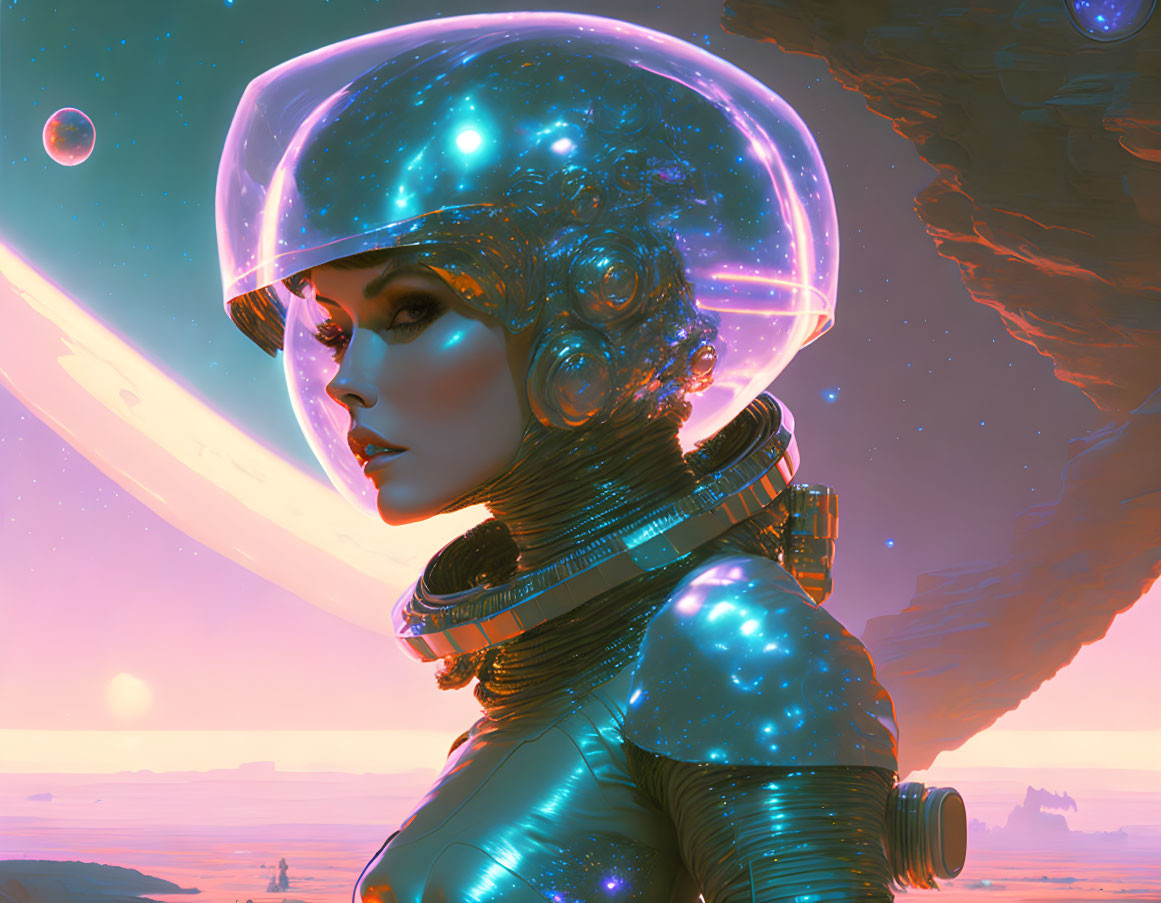 Futuristic astronaut with galaxy-themed helmet on alien planet
