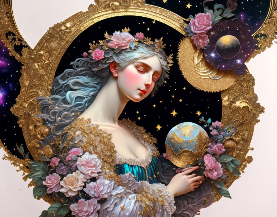 Fantastical portrait of a woman with ethereal beauty and globe, surrounded by flowers and celestial bodies