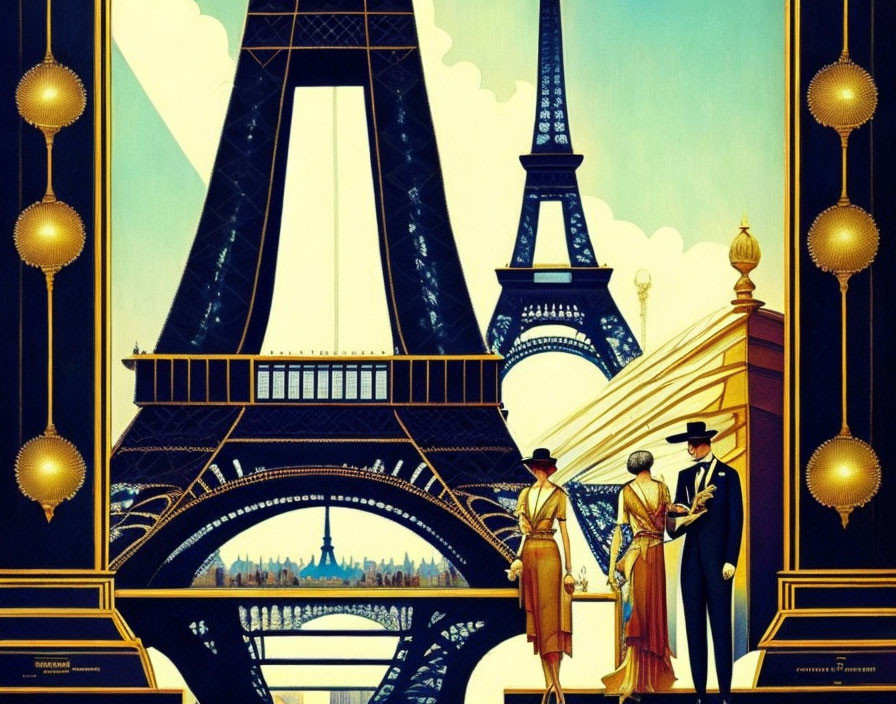 Eiffel Tower Art Deco Style Illustration with Elegant Figures