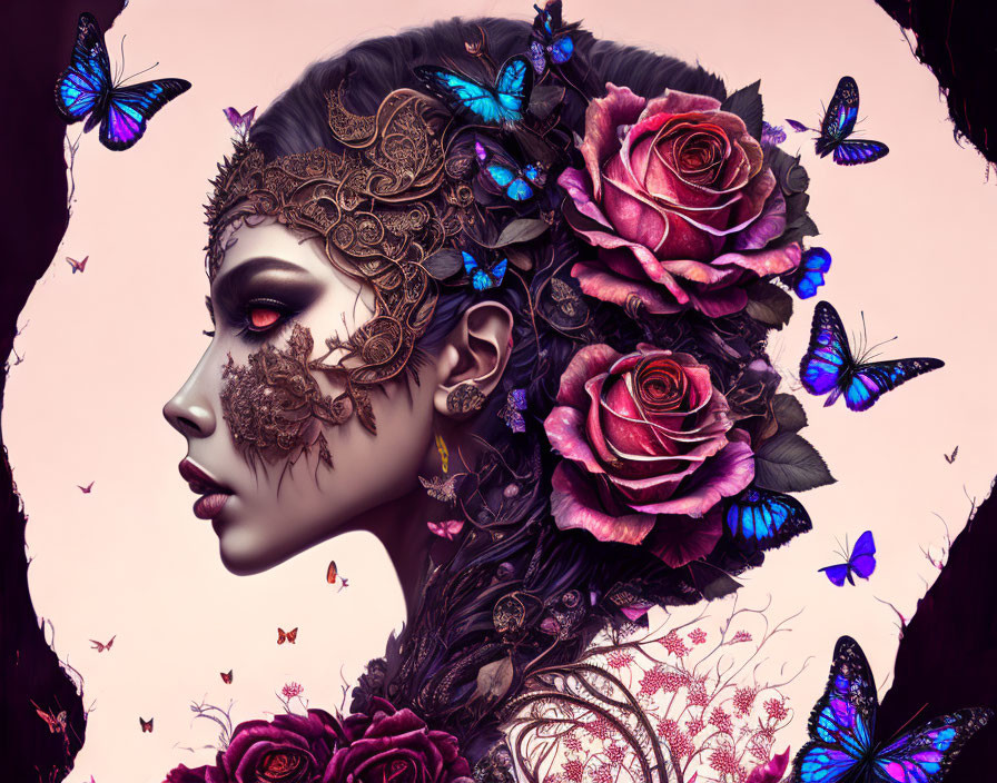 Intricate lace mask portrait with roses and butterflies on pink backdrop