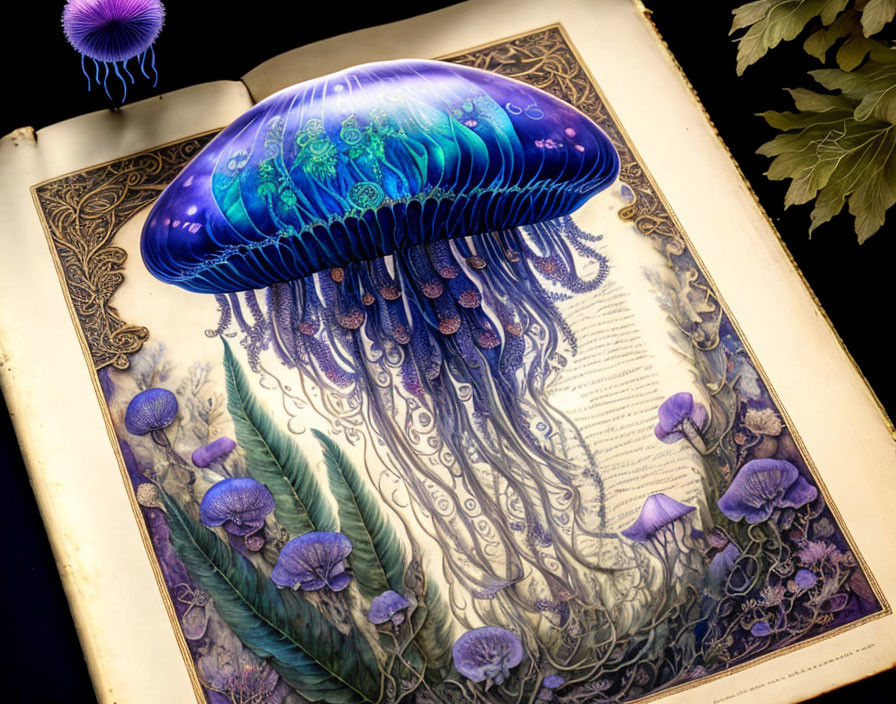 Illustrated open book with vibrant blue jellyfish and sea plants in 3D space