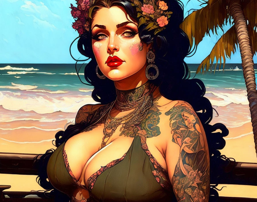 Illustration of woman with tattoos, earrings, and flowers on tropical beach.