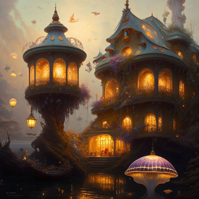 Fantasy treehouse structures with glowing lanterns and luminescent mushroom by the water at dusk.