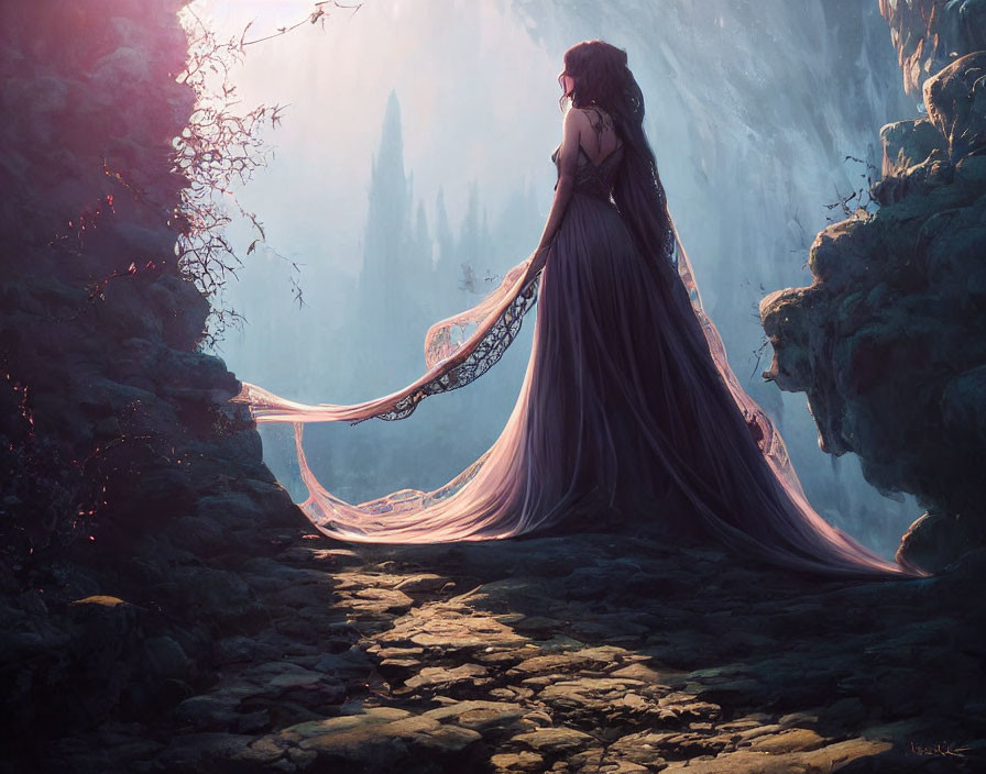 Woman in flowing gown in mystical forest with light-filled clearing