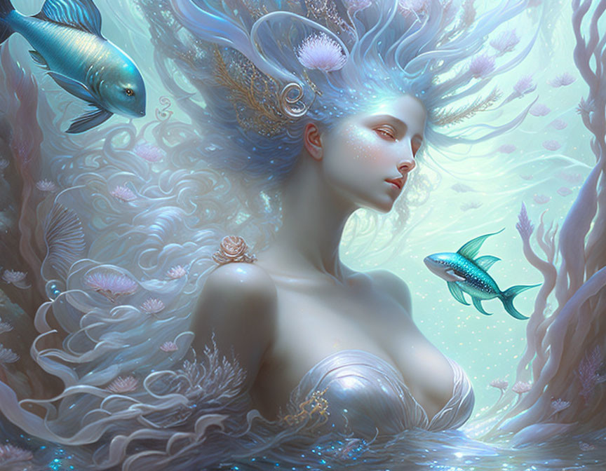 Mystical female figure in underwater scene with marine life