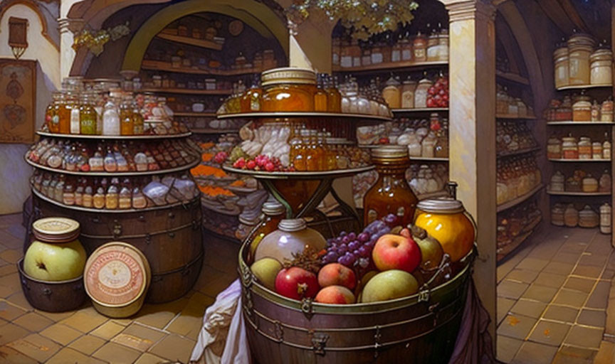 Traditional Pantry with Jars, Fruits, and Barrels in Warm Lighting