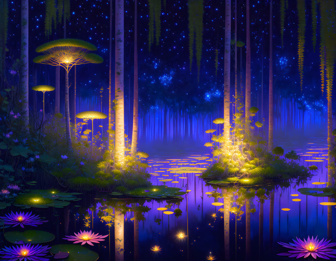 Nocturnal forest scene with glowing mushrooms, luminous plants, water lilies, and starry