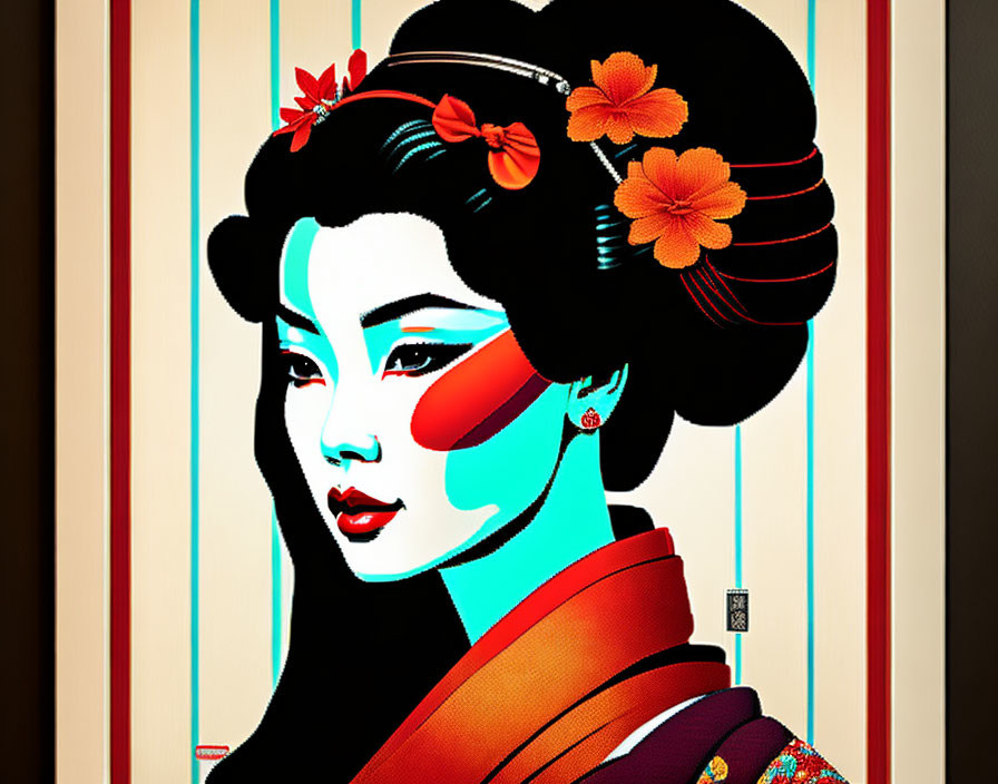 Colorful Geisha Illustration with Traditional Hair Ornaments on Striped Background