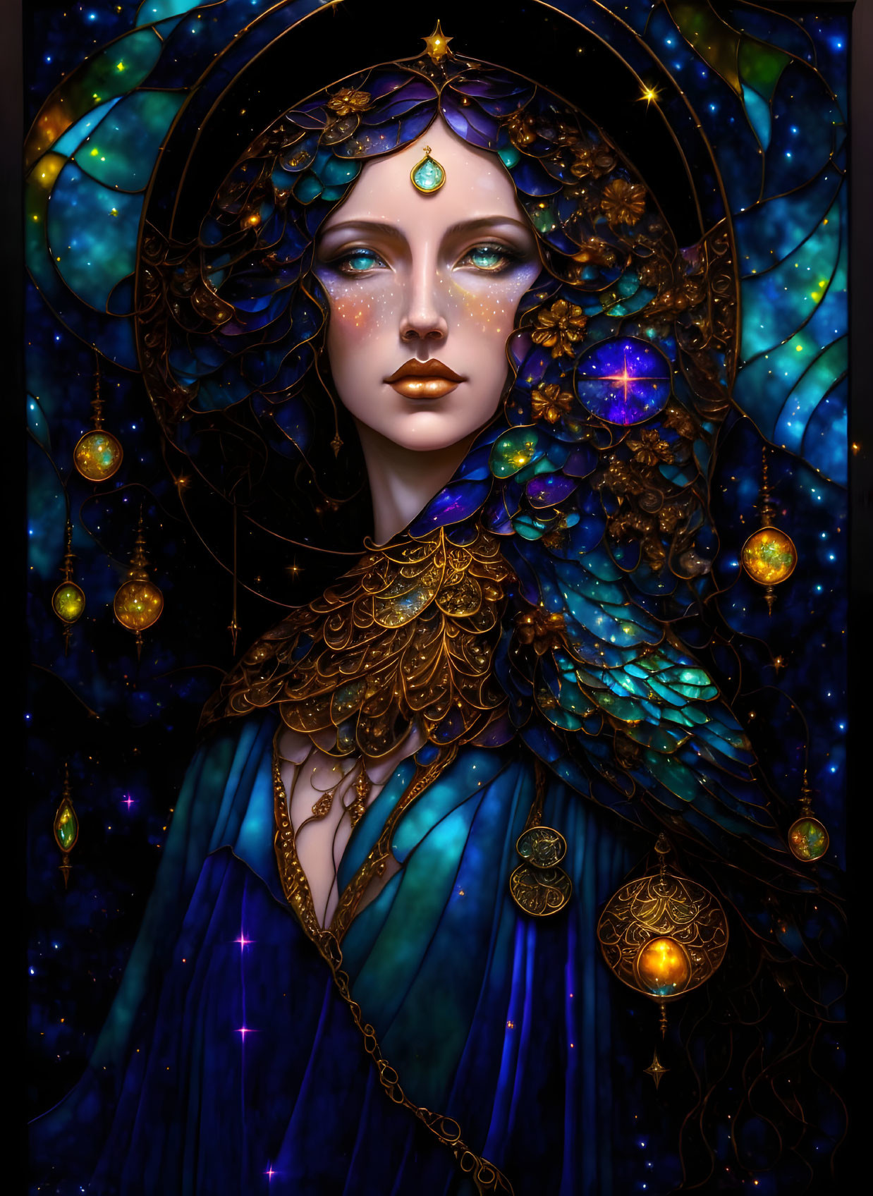 Illustrated woman with starry blue hair and jeweled headdress in celestial setting