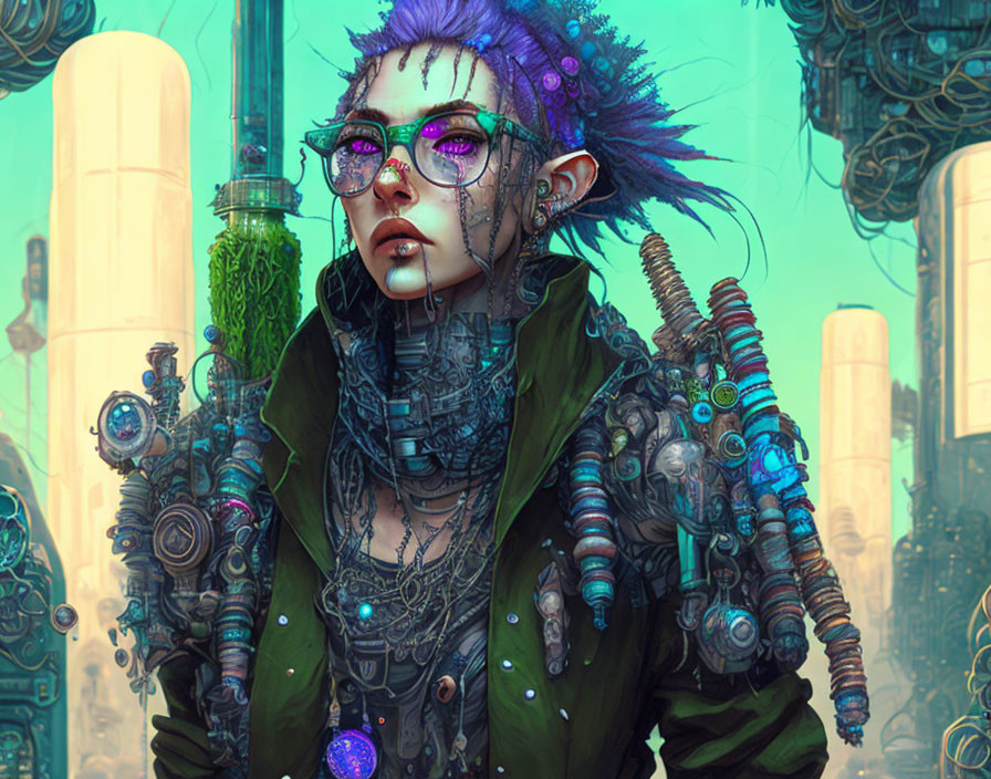 Futuristic cyberpunk character with purple hair and goggles