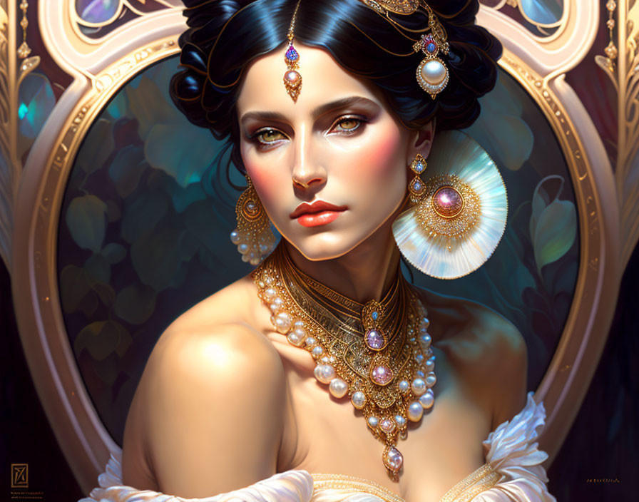 Portrait of Woman with Intricate Jewelry and Ornate Background