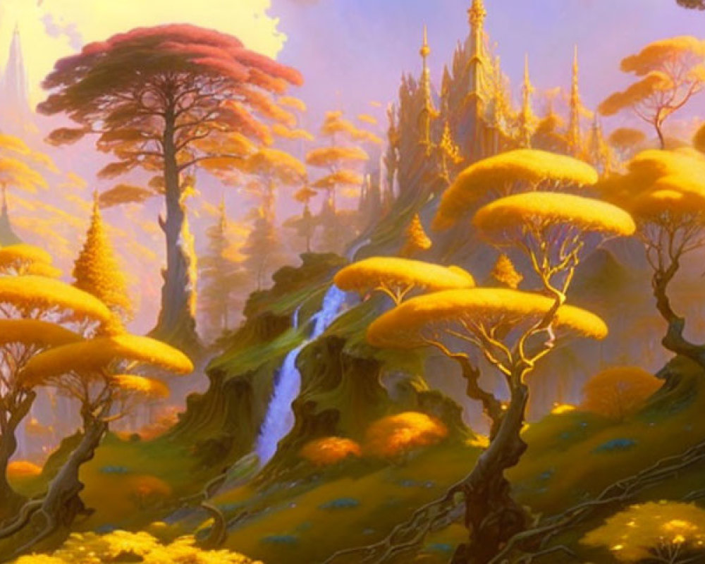 Fantastical landscape with mushroom-shaped trees, waterfall, and distant castle.