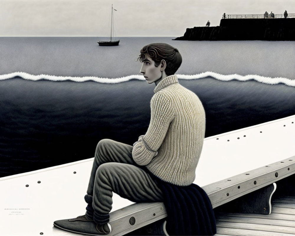 Person in cream sweater gazes at calm sea with sailboat and pier in the distance