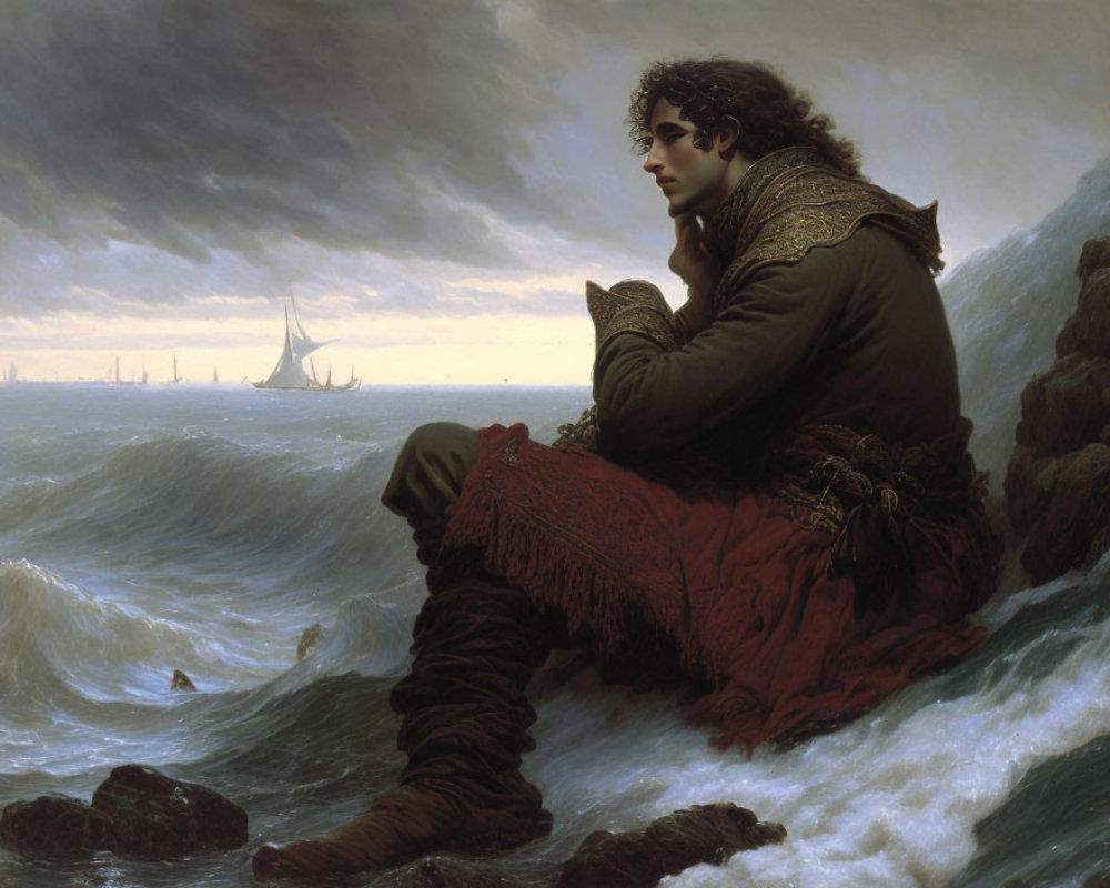 Young man in ornate clothing gazes at stormy sea with ships.