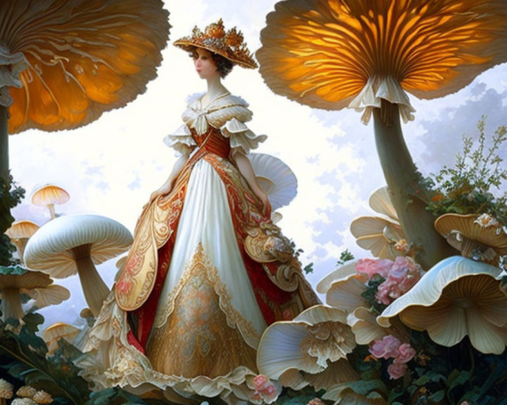 Elegant woman in lavish dress among oversized mushrooms