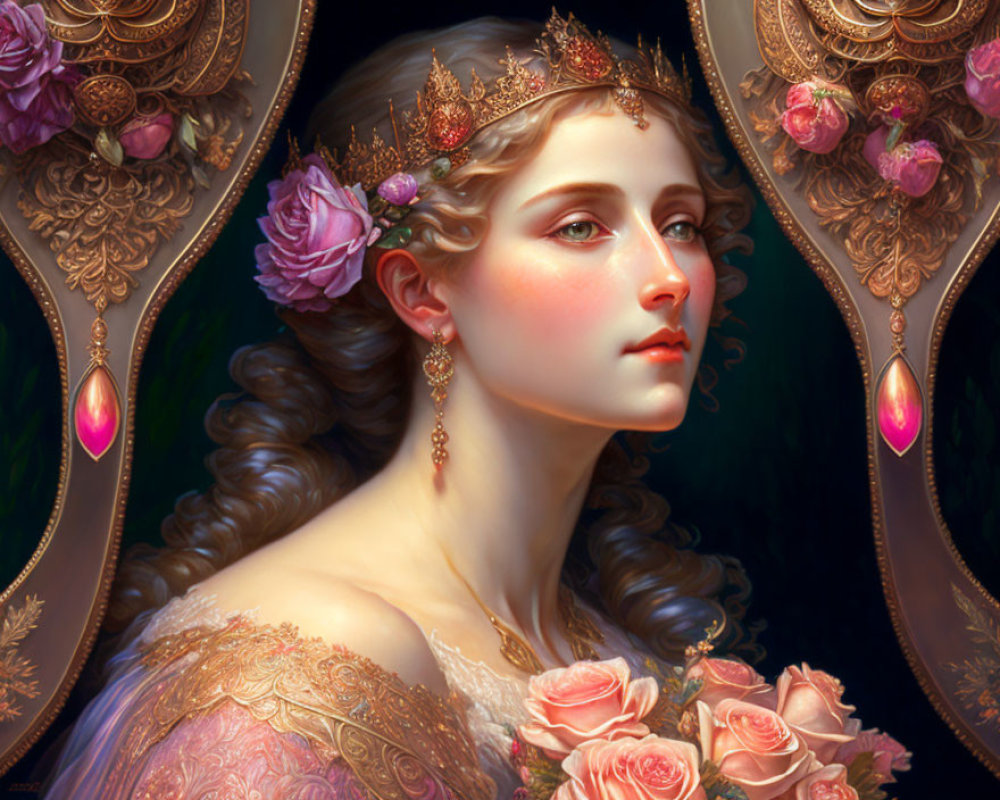 Portrait of woman with floral crown, gold jewelry, roses, and ornate backdrop.