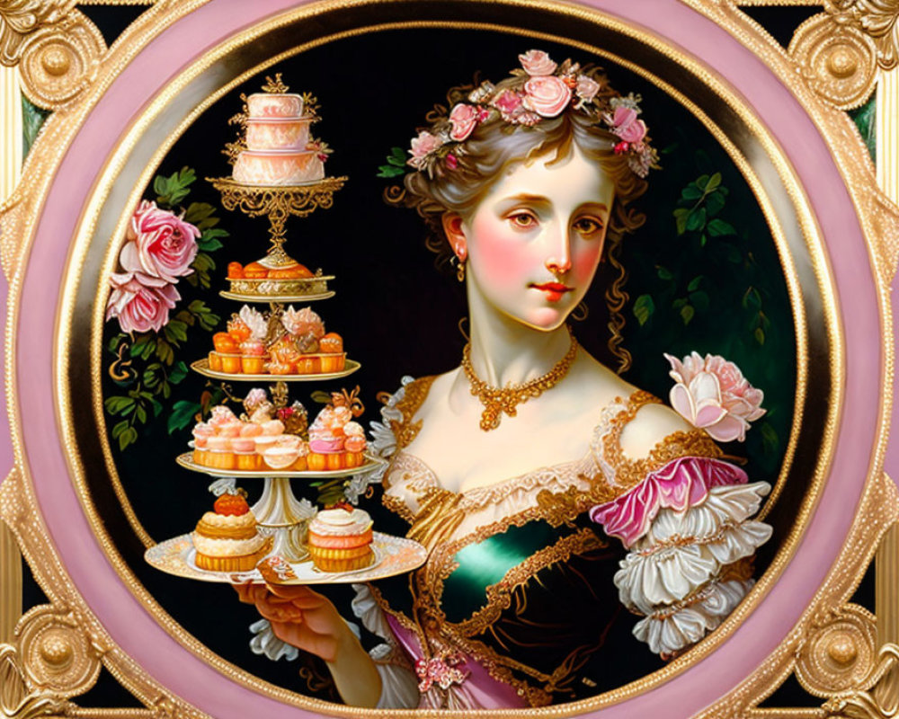 Ornate portrait of woman in historical dress with dessert tray in circular frame