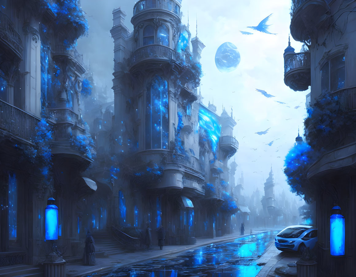 Futuristic cityscape with blue glow, flying creatures, floating orbs, wet streets, and lone