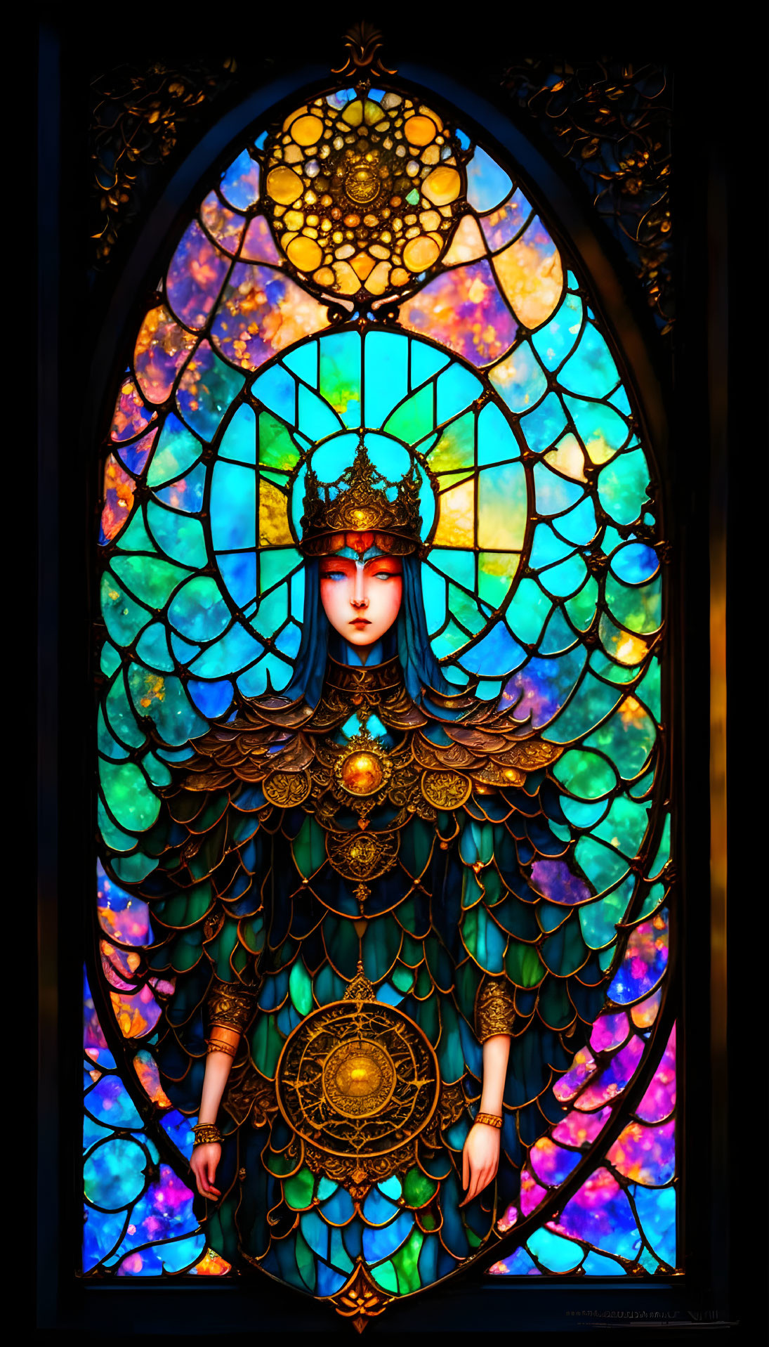 Vibrant stained glass window with figure and intricate patterns