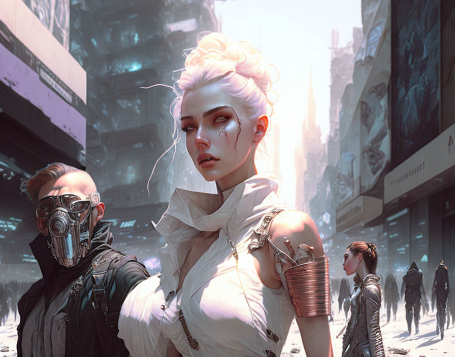 White-haired woman and masked figures in cyberpunk cityscape.