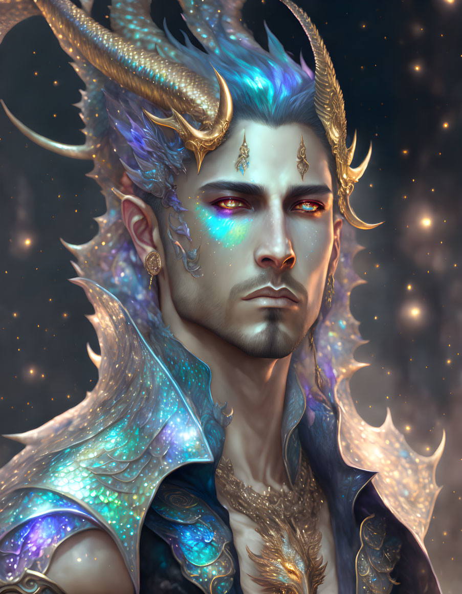 Fantasy male character with blue hair, horns, red eyes, and golden jewelry on starry backdrop