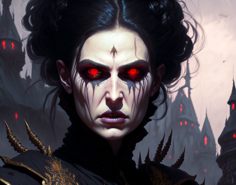 Pale Figure with Red Eyes and Dark Makeup Against Ominous Spires