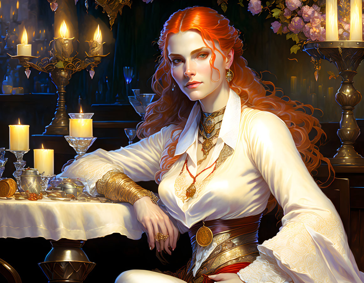 Regal woman with red hair and gold jewelry at lavish candlelit table